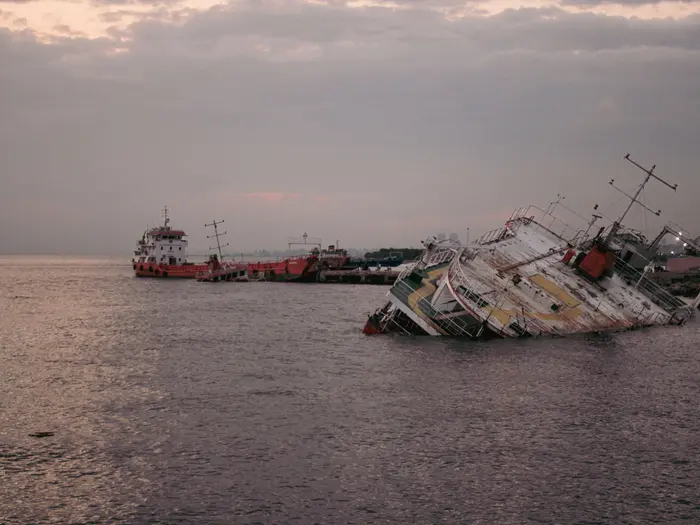 A vessel in distress at sea after a marine casualty
